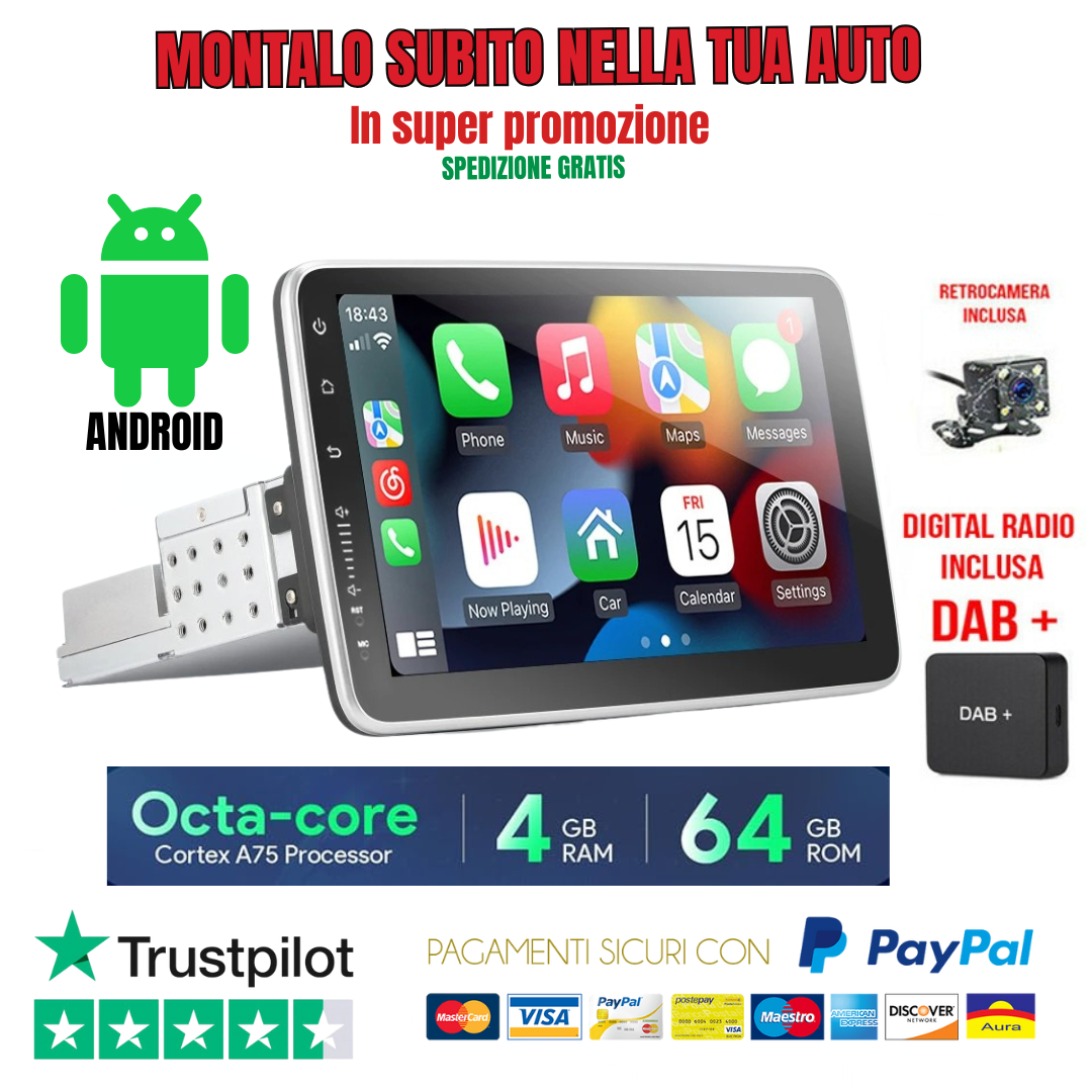 AUTORADIO ANDROID 10″ STEREO AUTO UNIVERSALE 1/2 DIN 2GB RAM 32ROM NOVITA'