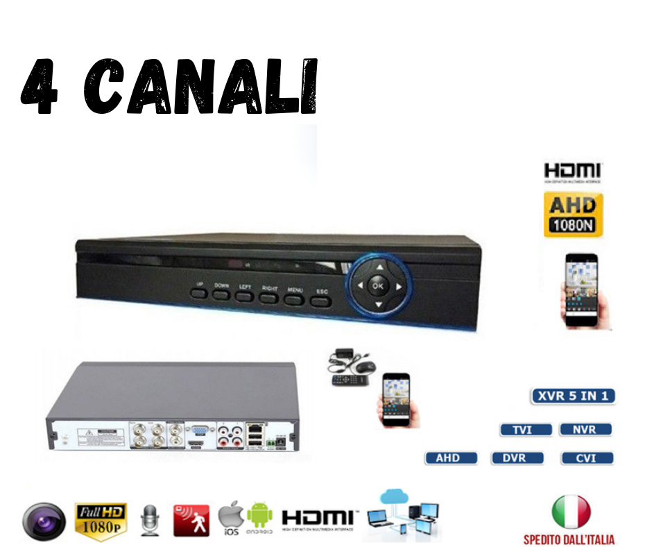 DVR VIDEOSORVEGLIANZA 4 CANALI FULL HD IBRIDO AHD NVR AHD COULD MOBILE APP IP TV