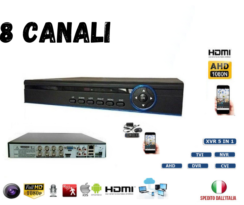 DVR VIDEOSORVEGLIANZA 8 CANALI FULL HD IBRIDO AHD NVR AHD COULD MOBILE APP IP TV